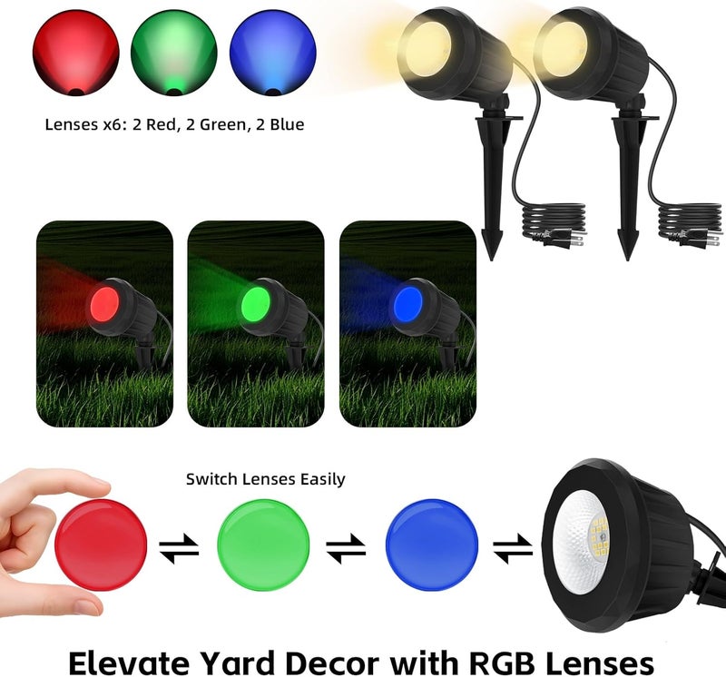 Holeva Spotlight Outdoor – 120V Plug-in, 2700K Warm White LED Landscape Spot Lights with RGB 3 Lenses for Yard, Garden, Lawn&Tree Decor, IP67 Waterproof, Perfect for Holidays&Everyday (2 Pack, Black) - Image 2